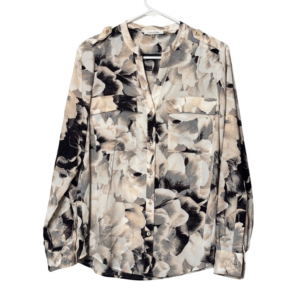 Calvin Klein Floral Print Button Down Shirt‎ Women Size S Sheer Lightweight
